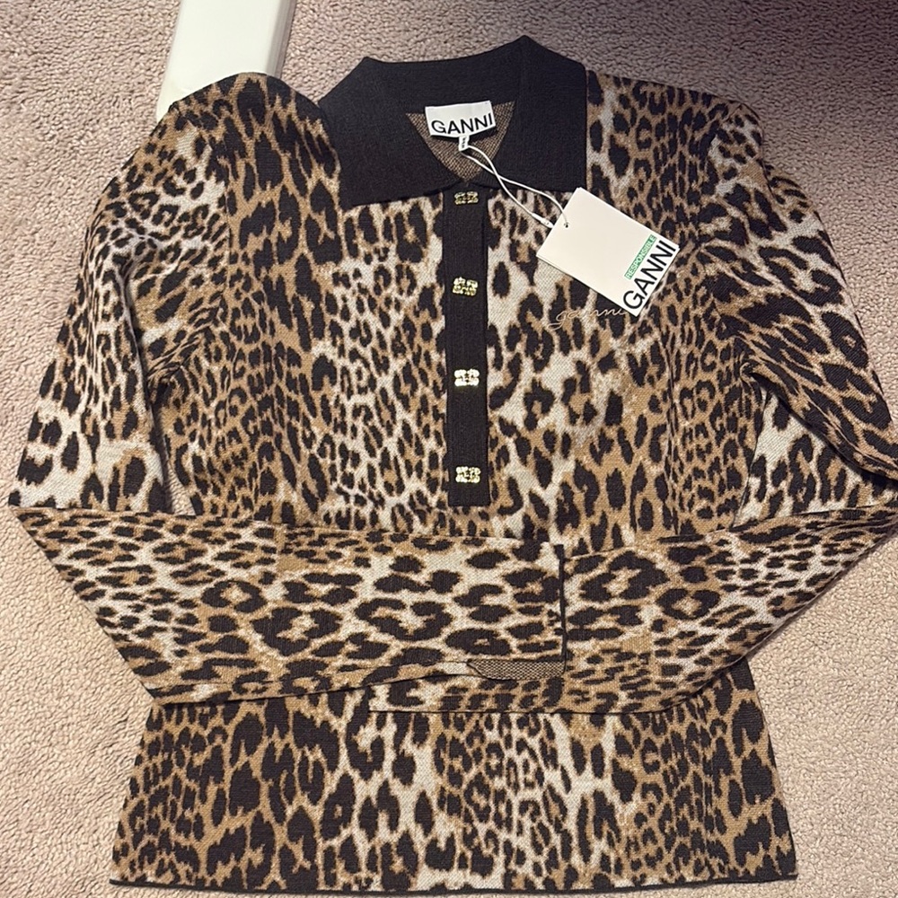 Ganni Animal Print Knit Top with Black Accents